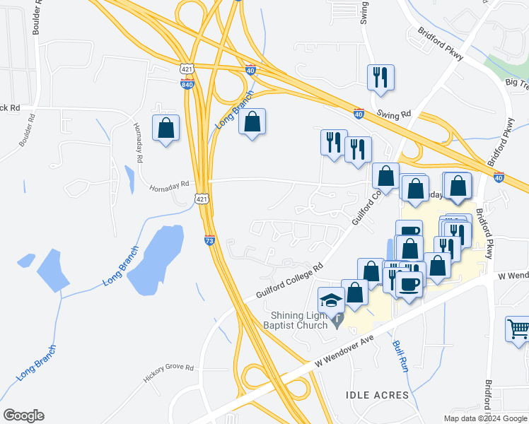 map of restaurants, bars, coffee shops, grocery stores, and more near 5669 Hornaday Road in Greensboro