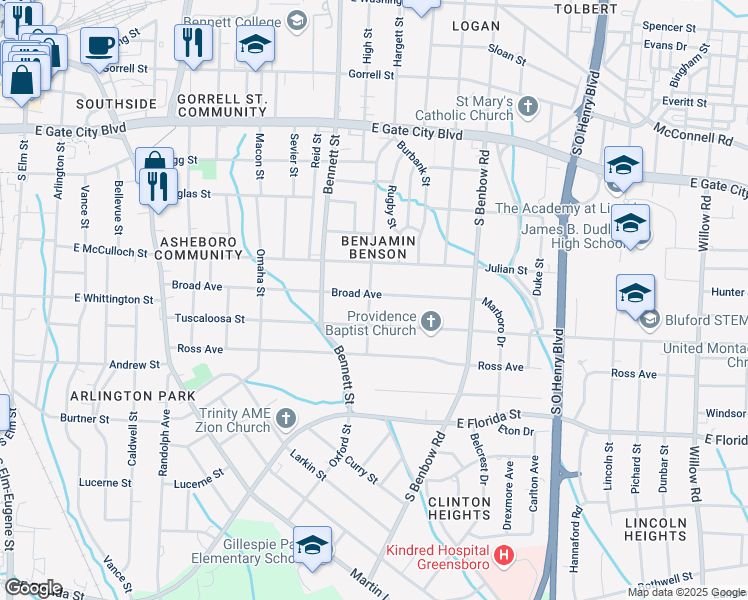 map of restaurants, bars, coffee shops, grocery stores, and more near 900 Broad Avenue in Greensboro