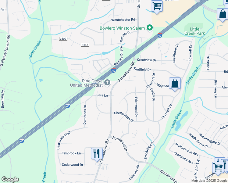 map of restaurants, bars, coffee shops, grocery stores, and more near 1131 Jonestown Road in Winston-Salem