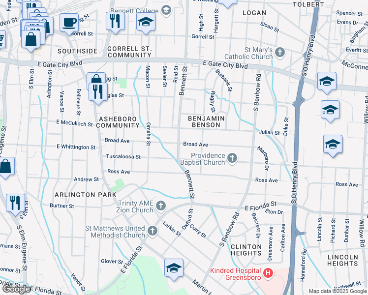 map of restaurants, bars, coffee shops, grocery stores, and more near 840 Broad Avenue in Greensboro