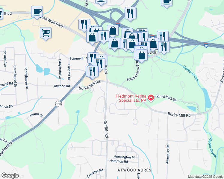 map of restaurants, bars, coffee shops, grocery stores, and more near 3370 Burke Mill Road in Winston-Salem