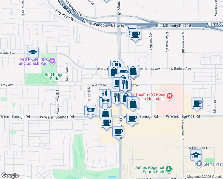 map of restaurants, bars, coffee shops, grocery stores, and more near 7107 South Durango Drive in Las Vegas