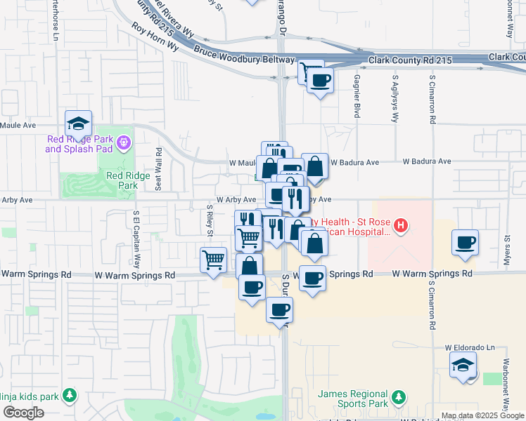 map of restaurants, bars, coffee shops, grocery stores, and more near 7111 South Durango Drive in Las Vegas