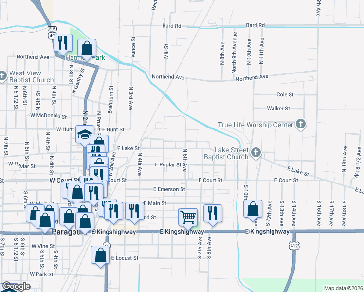 map of restaurants, bars, coffee shops, grocery stores, and more near 601 East Lake Street in Paragould