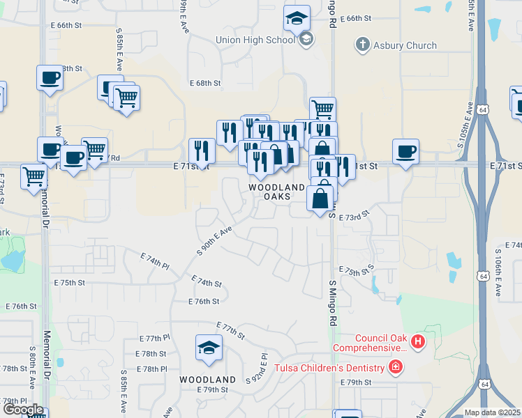 map of restaurants, bars, coffee shops, grocery stores, and more near 7209 South 92nd East Avenue in Tulsa