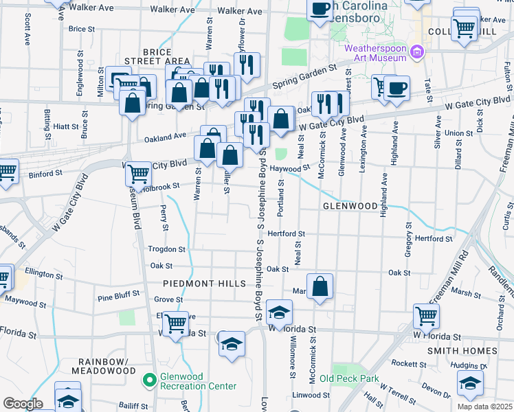 map of restaurants, bars, coffee shops, grocery stores, and more near 1014 South Josephine Boyd Street in Greensboro