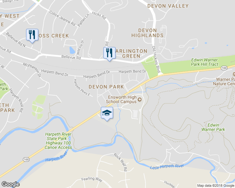 map of restaurants, bars, coffee shops, grocery stores, and more near 1105 Bedfordshire Court in Nashville
