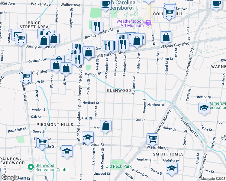 map of restaurants, bars, coffee shops, grocery stores, and more near in Greensboro
