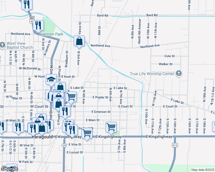 map of restaurants, bars, coffee shops, grocery stores, and more near 601 East Lake Street in Paragould