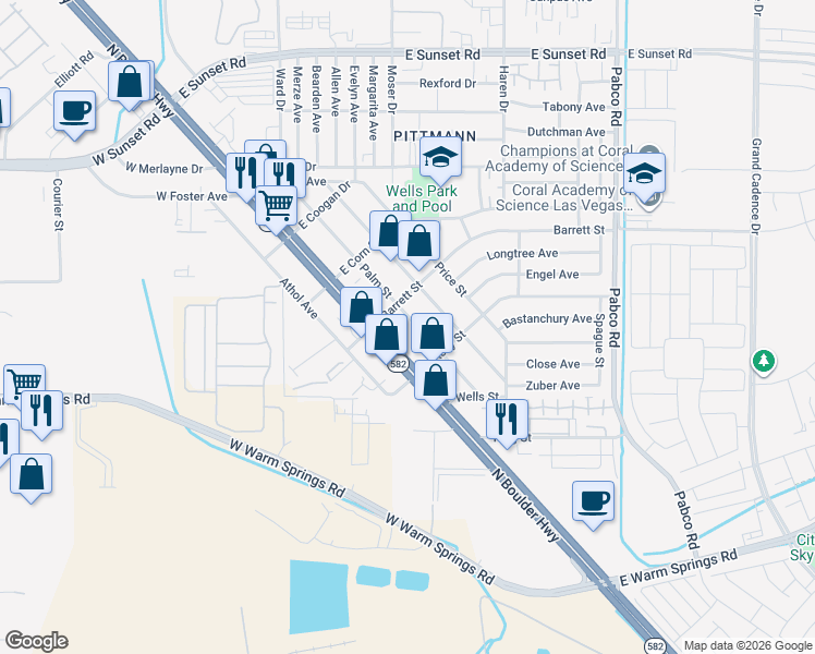 map of restaurants, bars, coffee shops, grocery stores, and more near 1429 Palm Street in Henderson