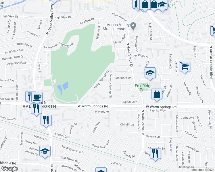 map of restaurants, bars, coffee shops, grocery stores, and more near 2050 West Warm Springs Road in Henderson