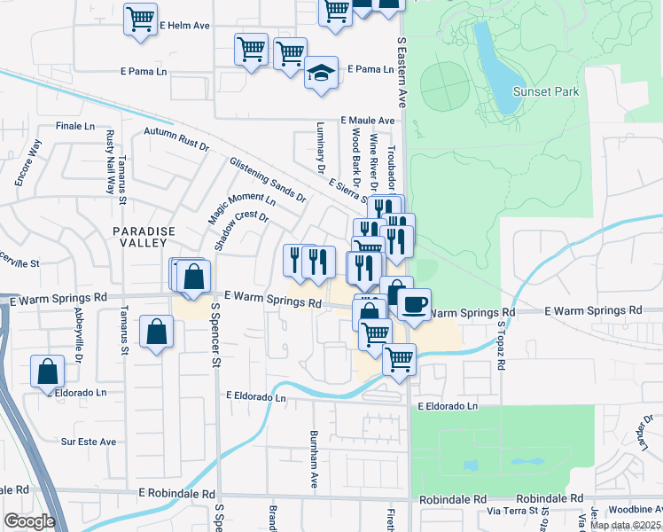 map of restaurants, bars, coffee shops, grocery stores, and more near 2180 East Warm Springs Road in Las Vegas