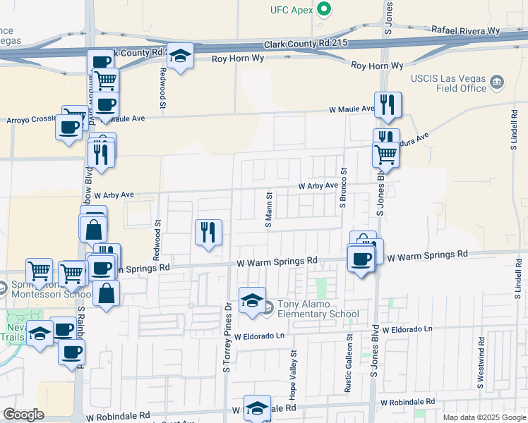map of restaurants, bars, coffee shops, grocery stores, and more near 49 South Mann Street in Las Vegas