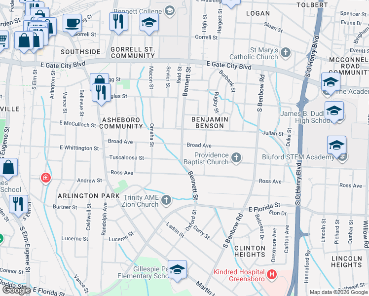 map of restaurants, bars, coffee shops, grocery stores, and more near 840 Broad Avenue in Greensboro
