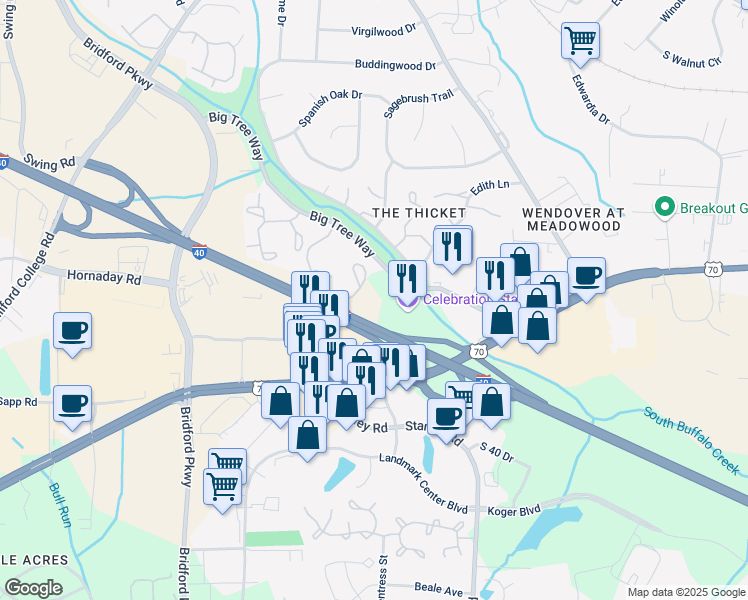 map of restaurants, bars, coffee shops, grocery stores, and more near 4317 Big Tree Way in Greensboro