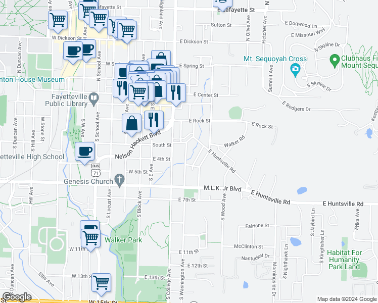 map of restaurants, bars, coffee shops, grocery stores, and more near 318 South Washington Avenue in Fayetteville