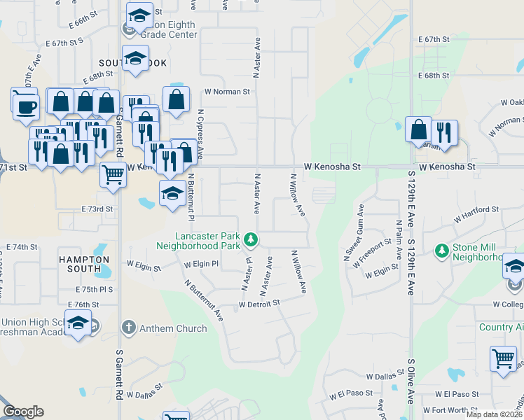 map of restaurants, bars, coffee shops, grocery stores, and more near 701 North Aster Avenue in Broken Arrow