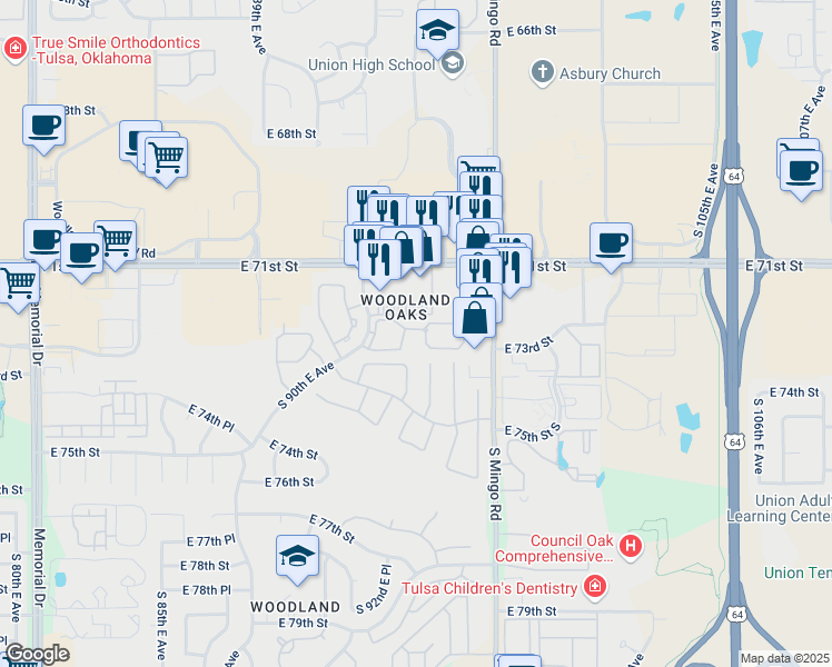 map of restaurants, bars, coffee shops, grocery stores, and more near 7231 South 92nd East Avenue in Tulsa