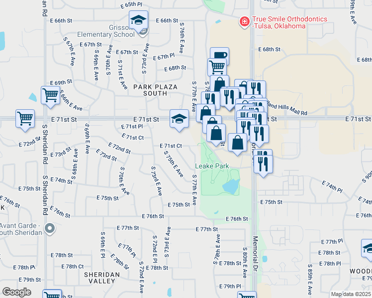 map of restaurants, bars, coffee shops, grocery stores, and more near 7108 South 77th East Avenue in Tulsa