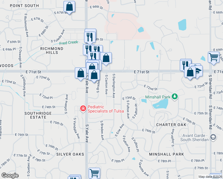 map of restaurants, bars, coffee shops, grocery stores, and more near 7155 South Canton Avenue in Tulsa