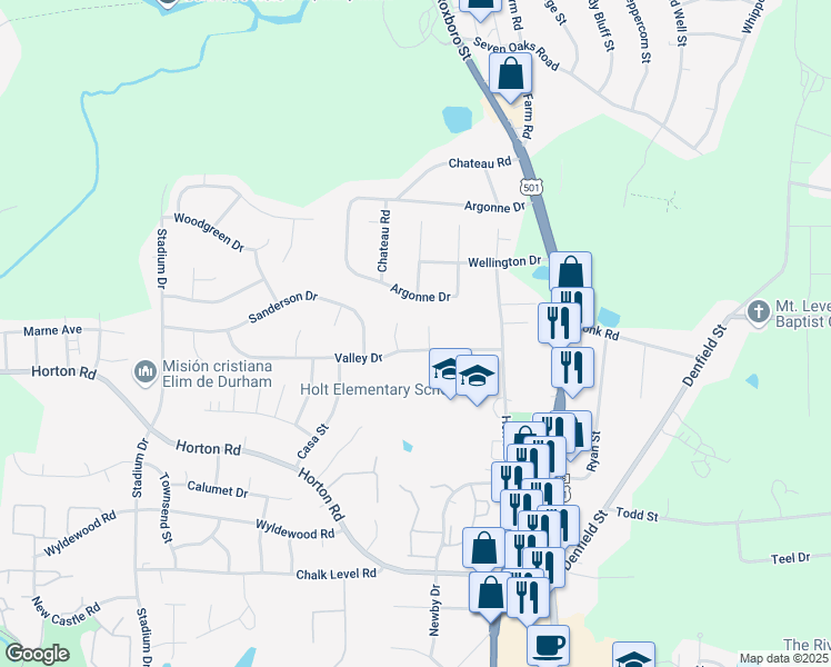 map of restaurants, bars, coffee shops, grocery stores, and more near 430 Valley Drive in Durham