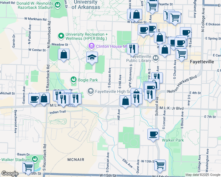 map of restaurants, bars, coffee shops, grocery stores, and more near 329 South Duncan Avenue in Fayetteville