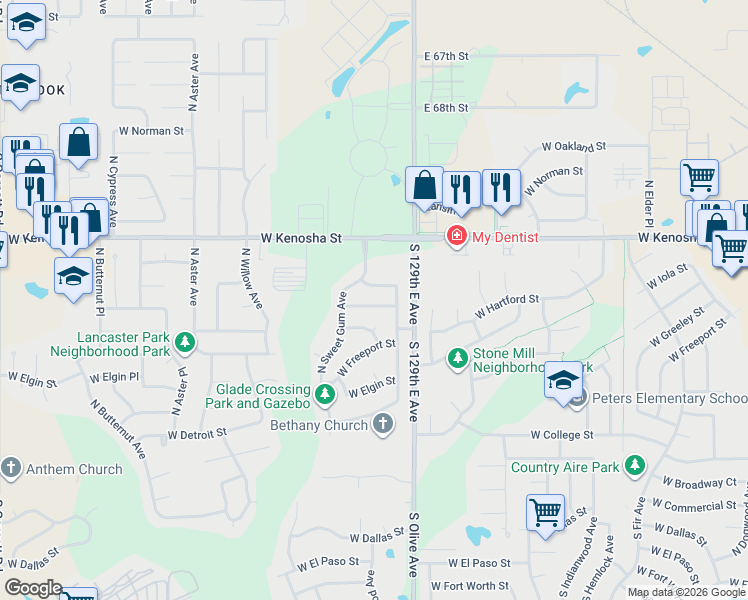 map of restaurants, bars, coffee shops, grocery stores, and more near 3712 West Hartford Street in Broken Arrow