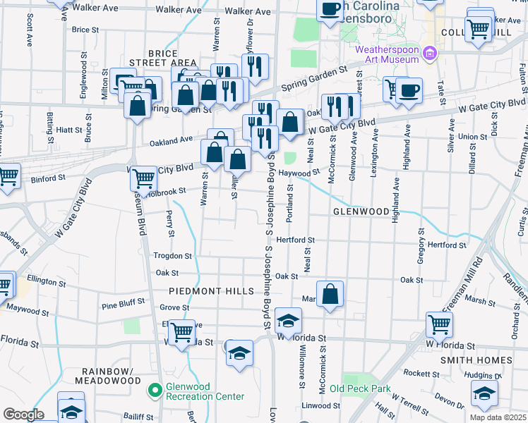 map of restaurants, bars, coffee shops, grocery stores, and more near 1014 South Josephine Boyd Street in Greensboro