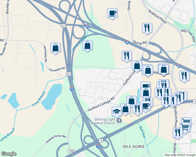 map of restaurants, bars, coffee shops, grocery stores, and more near 5615 Hornaday Road in Greensboro