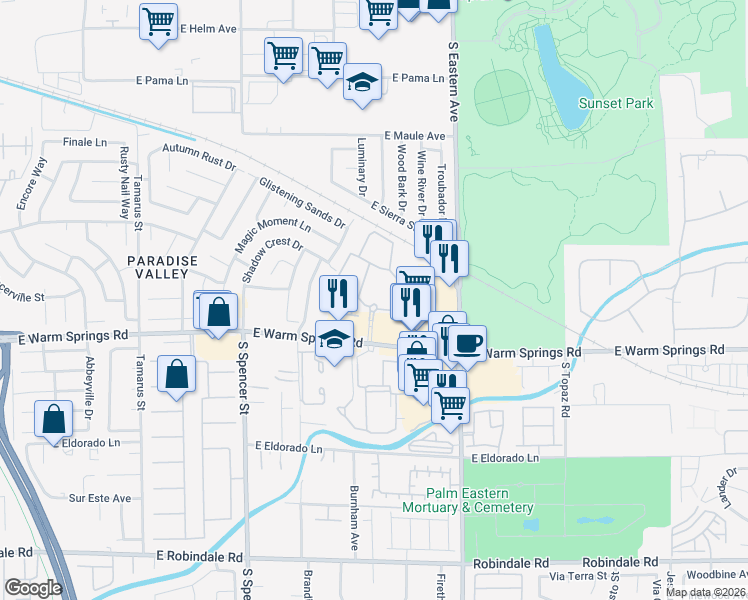 map of restaurants, bars, coffee shops, grocery stores, and more near 2180 East Warm Springs Road in Las Vegas