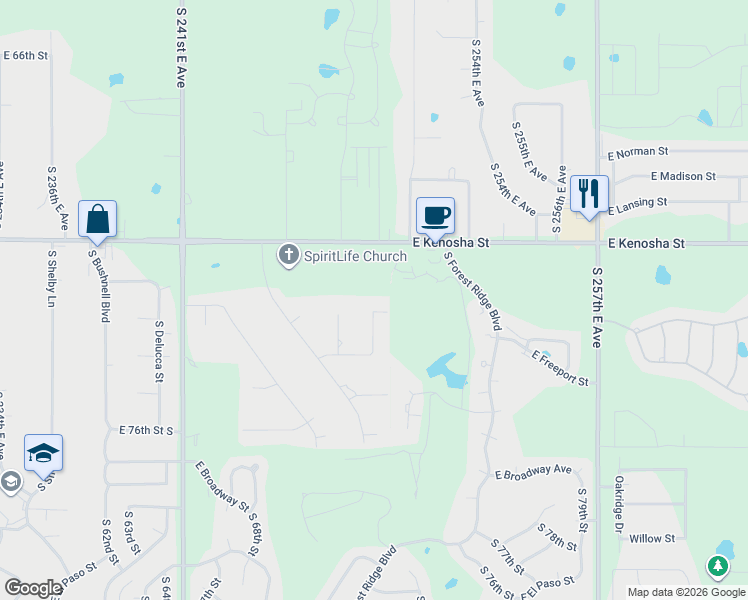 map of restaurants, bars, coffee shops, grocery stores, and more near 7203 South Warwick Street in Broken Arrow