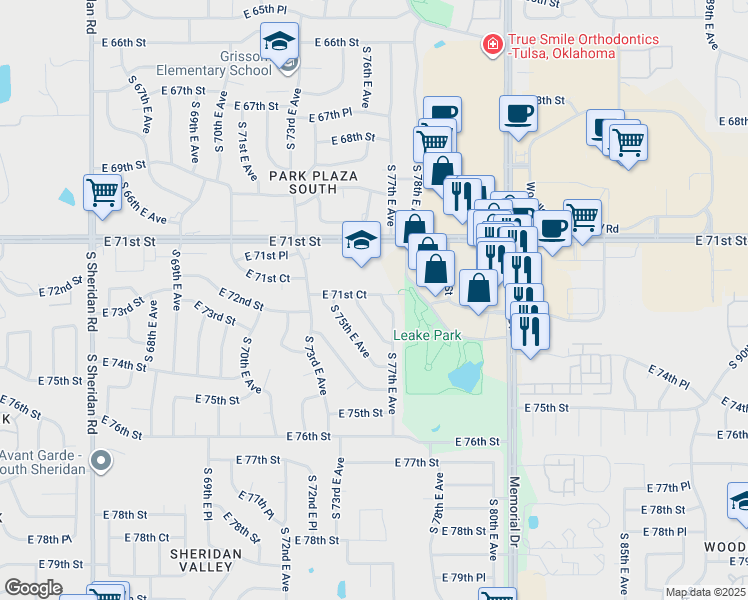 map of restaurants, bars, coffee shops, grocery stores, and more near 7108 South 77th East Avenue in Tulsa