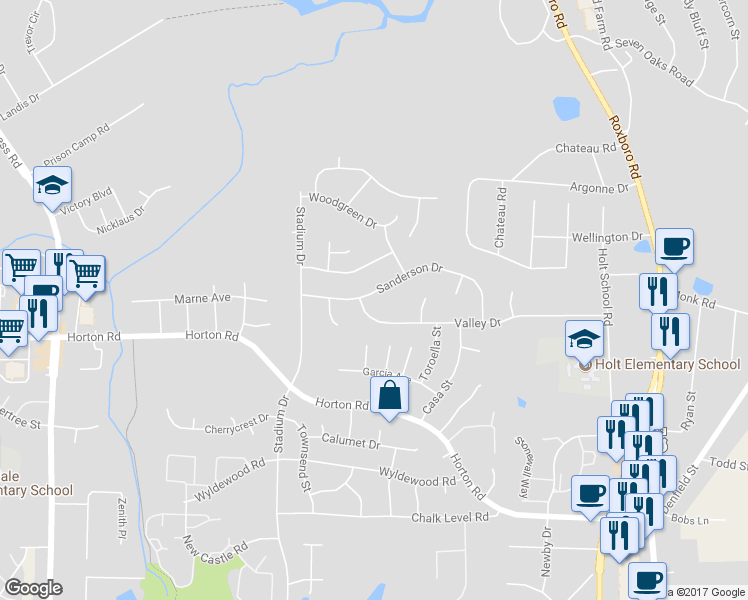 map of restaurants, bars, coffee shops, grocery stores, and more near 813 Sanderson Drive in Durham