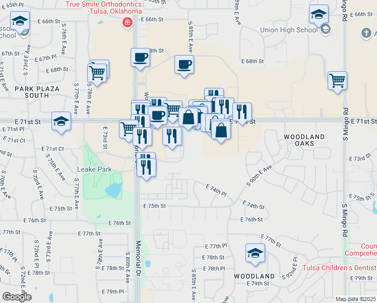 map of restaurants, bars, coffee shops, grocery stores, and more near 7225 South 85th East Avenue in Tulsa