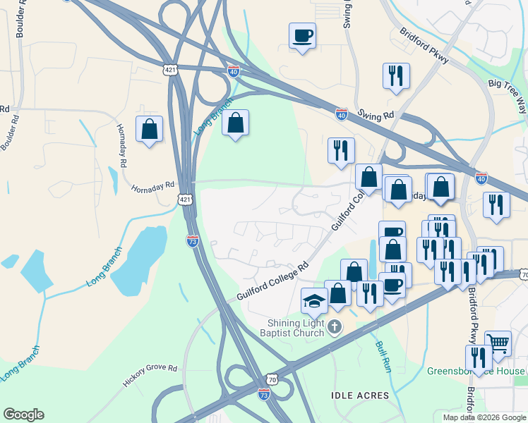 map of restaurants, bars, coffee shops, grocery stores, and more near 5615 Hornaday Road in Greensboro