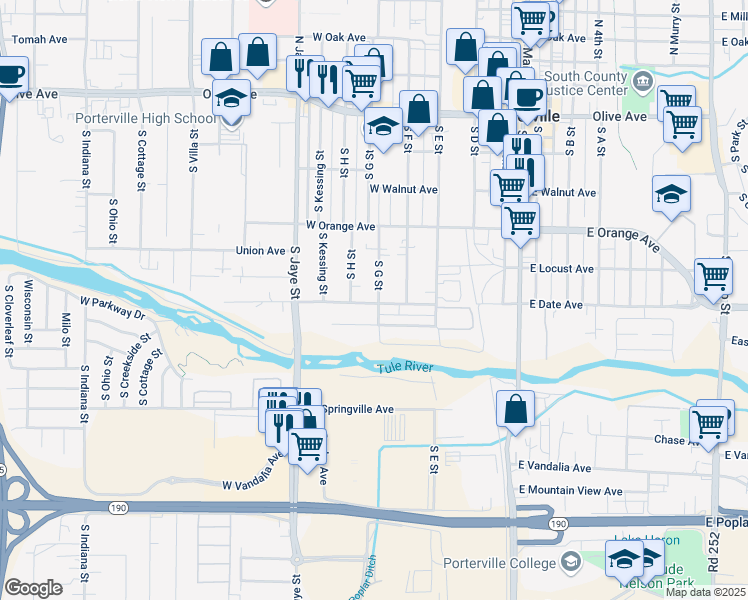 map of restaurants, bars, coffee shops, grocery stores, and more near 289 West Date Avenue in Porterville