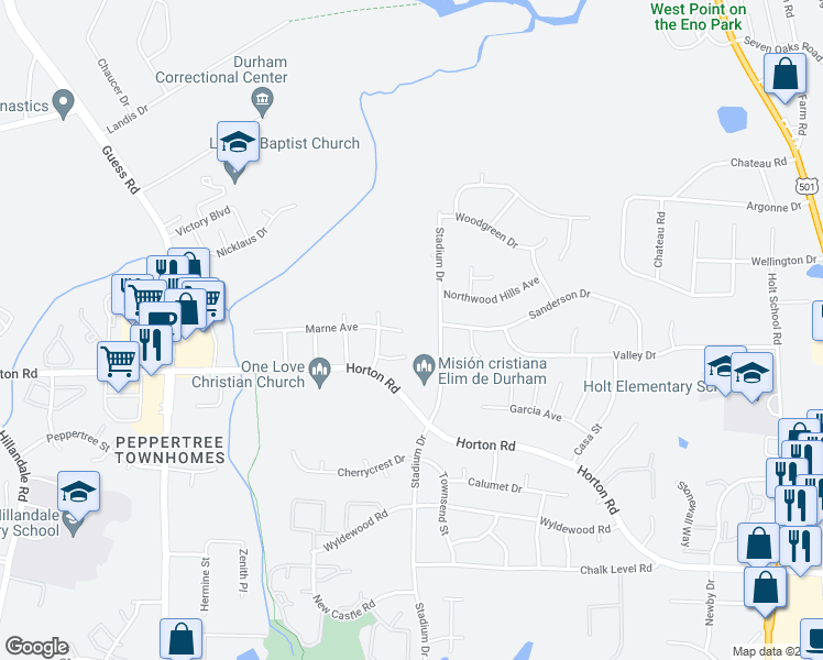 map of restaurants, bars, coffee shops, grocery stores, and more near 1202 Marne Avenue in Durham