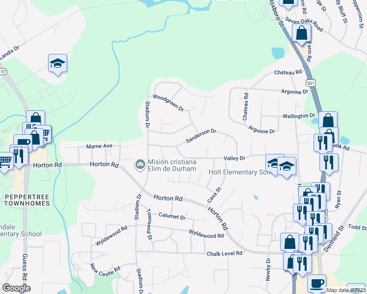map of restaurants, bars, coffee shops, grocery stores, and more near 813 Sanderson Drive in Durham