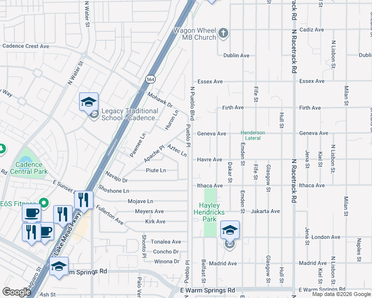 map of restaurants, bars, coffee shops, grocery stores, and more near 270 Aztec Lane in Henderson
