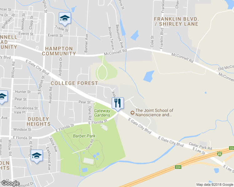 map of restaurants, bars, coffee shops, grocery stores, and more near 2719 Aster Drive in Greensboro