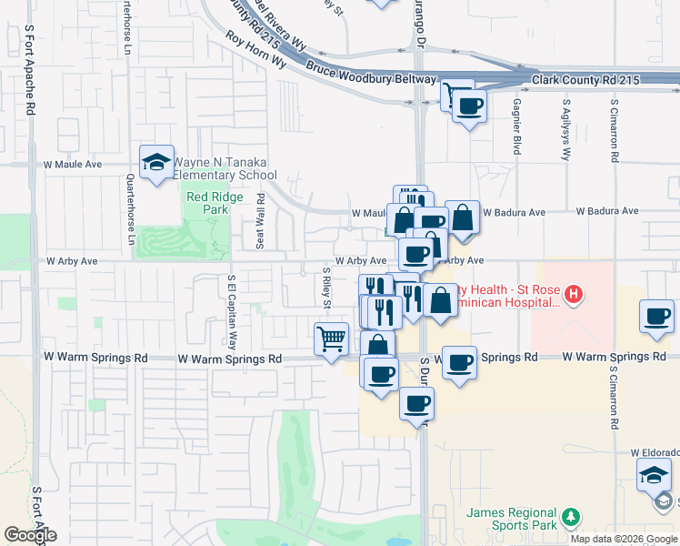 map of restaurants, bars, coffee shops, grocery stores, and more near 7127 South Durango Drive in Las Vegas