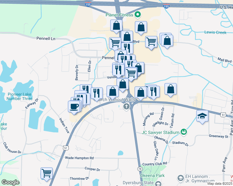 map of restaurants, bars, coffee shops, grocery stores, and more near 850 U.S. 51 Bypass in Dyersburg