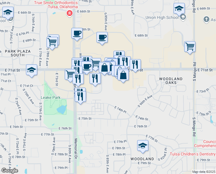 map of restaurants, bars, coffee shops, grocery stores, and more near 7225 S 85th E Ave in Tulsa