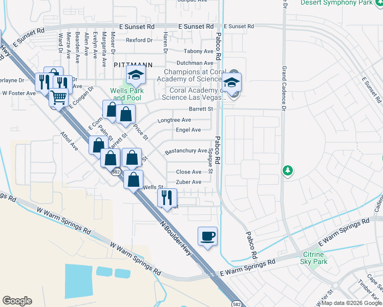map of restaurants, bars, coffee shops, grocery stores, and more near 540 Bastanchury Avenue in Henderson