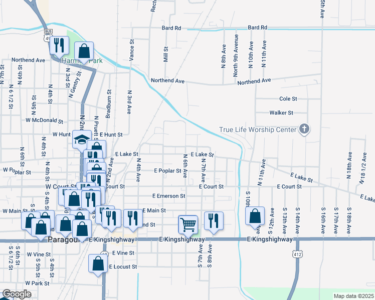 map of restaurants, bars, coffee shops, grocery stores, and more near 601 East Lake Street in Paragould