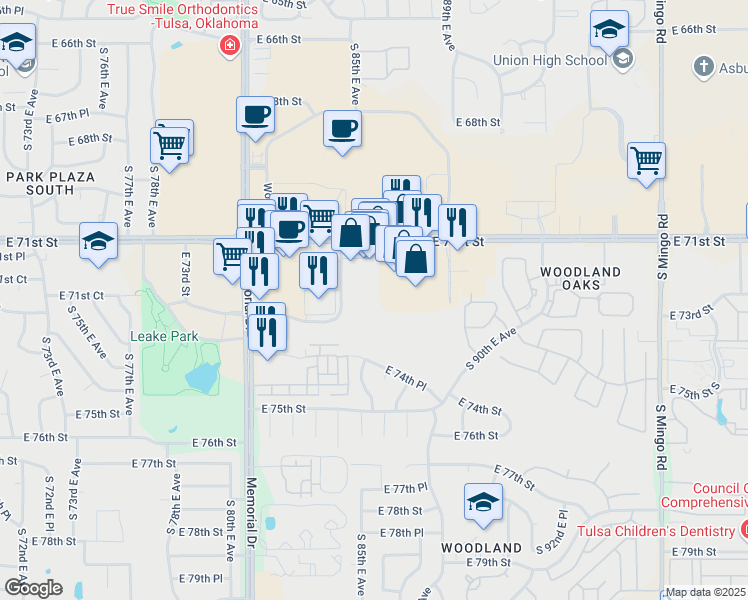 map of restaurants, bars, coffee shops, grocery stores, and more near 7225 S 85th E Ave in Tulsa
