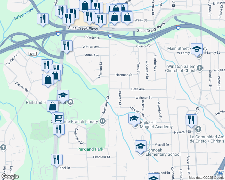 map of restaurants, bars, coffee shops, grocery stores, and more near 2925 Buchanan Street in Winston-Salem