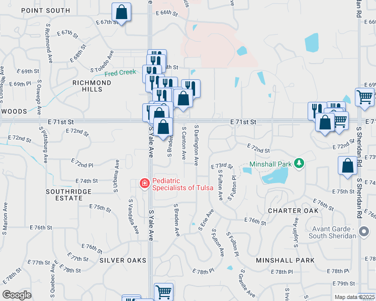 map of restaurants, bars, coffee shops, grocery stores, and more near 7155 South Canton Avenue in Tulsa