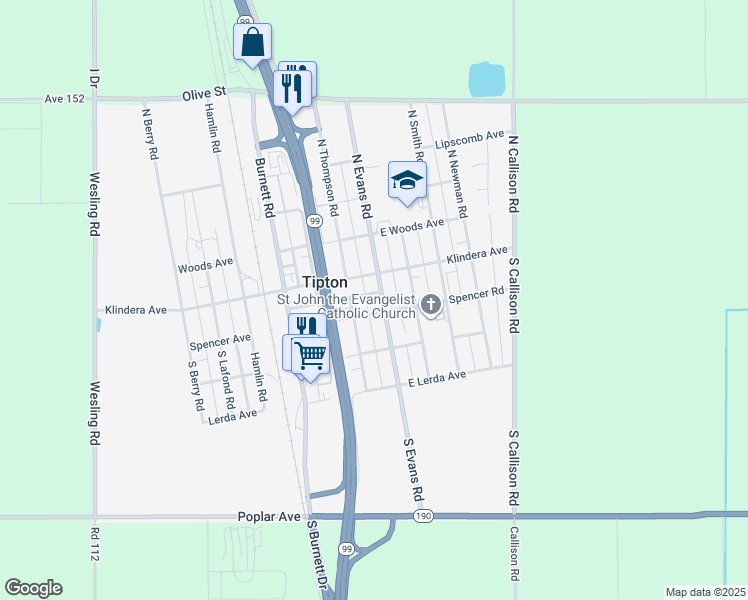 map of restaurants, bars, coffee shops, grocery stores, and more near 256 Spencer Road in Tipton