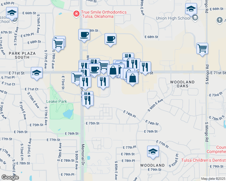 map of restaurants, bars, coffee shops, grocery stores, and more near 7225 S 85th E Ave in Tulsa